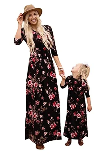 Mother and Daughter Matching Maxi Long Dress Flower Pattern Dresses Family Party Dress for Mother and Girl S-3XL Tunics Velvet soft Mother and Daughter Matching Maxi Long Dress Flower Pattern Dresses Family Party Dress for Mother and Girl S-3XL Tunics Velvet soft