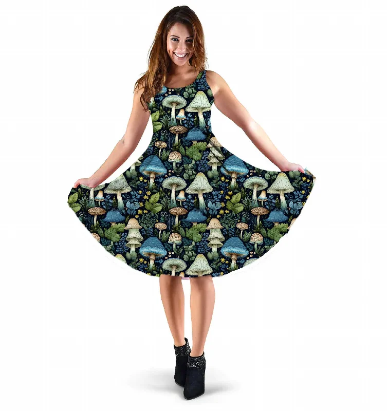 Mushroomcore Sleeveless Dress - Blue and Green Sundress - Forestcore Party Dress Tunics Denim casual Mushroomcore Sleeveless Dress - Blue and Green Sundress - Forestcore Party Dress Tunics Denim casual