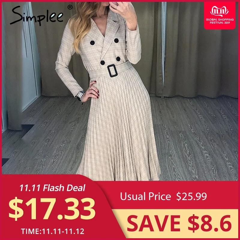 Simplee Vintage pleated belt plaid dress women Elegant office ladies blazer dresses Long sleeve female autumn midi party dress Tunics Sale discount Simplee Vintage pleated belt plaid dress women Elegant office ladies blazer dresses Long sleeve female autumn midi party dress Tunics Sale discount