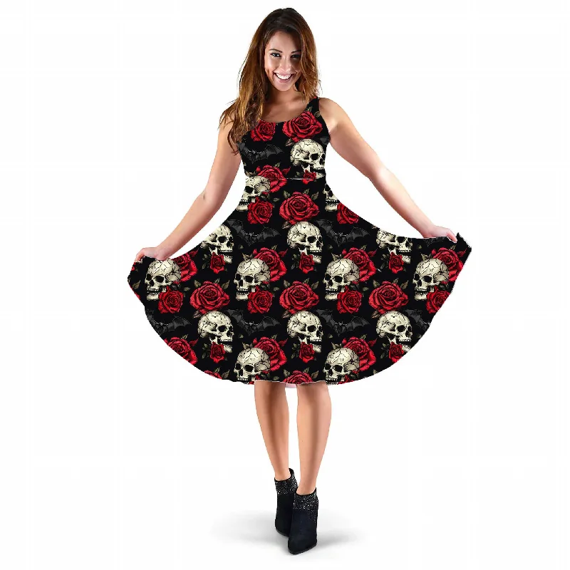 Skulls and Roses Gothic Sundress - Halloween Party Dress with Skulls and Bats (KATH1) Sequined Elegant Party Skulls and Roses Gothic Sundress - Halloween Party Dress with Skulls and Bats (KATH1) Sequined Elegant Party