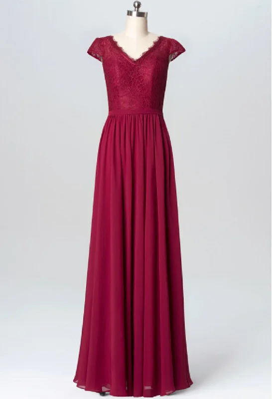 V-Neck Lace Cap Sleeved Chiffon A-line Floor-Length Bridesmaid Dress, Wedding Party Dress Tunics Velvet soft V-Neck Lace Cap Sleeved Chiffon A-line Floor-Length Bridesmaid Dress, Wedding Party Dress Tunics Velvet soft