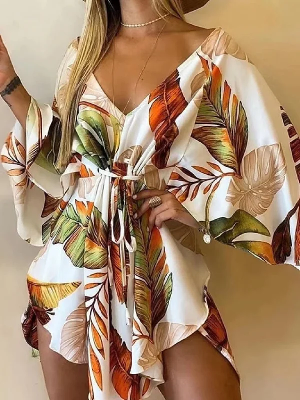 2022 New Summer Beach Elegant Women Dresses Sexy V Neck Lace-up Floral Print Mini Dress Casual Flared Sleeves Ladies Party Dress Tunics Versatile functional 2022 New Summer Beach Elegant Women Dresses Sexy V Neck Lace-up Floral Print Mini Dress Casual Flared Sleeves Ladies Party Dress Tunics Versatile functional