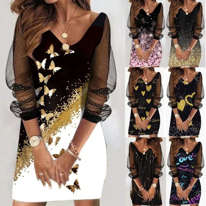 Autumn Womens Dress V-neck Heart Print Butterfly Transparent Mesh Femme Long Sleeve Panel Female Dress Fashion Party Dress Tunics Cozy comfortable Autumn Womens Dress V-neck Heart Print Butterfly Transparent Mesh Femme Long Sleeve Panel Female Dress Fashion Party Dress Tunics Cozy comfortable