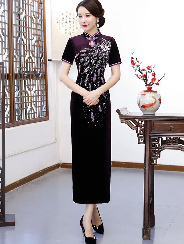 Beads Velvet Mother's Modern Qipao / Cheongsam Party Dress Tunics Leisure comfortable Beads Velvet Mother's Modern Qipao / Cheongsam Party Dress Tunics Leisure comfortable