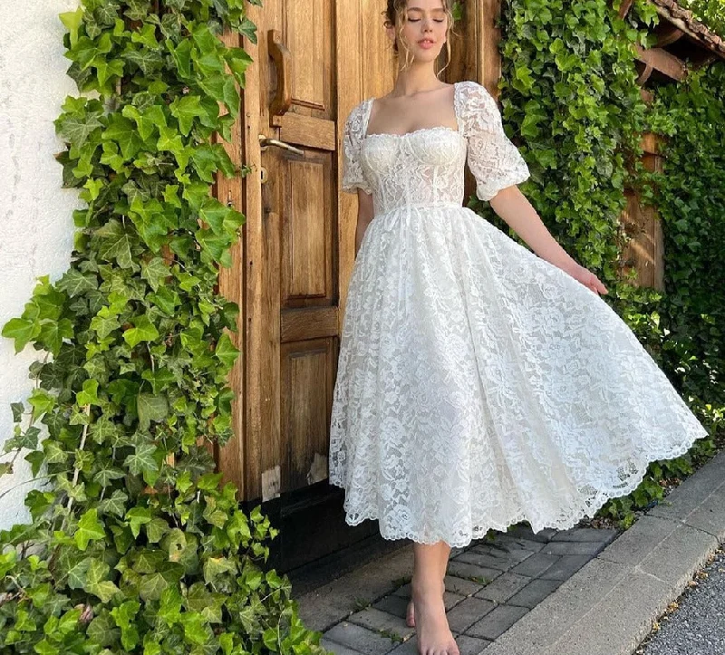 Cinessd Elegant White Lace Appliques Prom Dresses Puff Sleeves Sweetheart Tea-Length A-Line Formal Evening Party Dress 2022 Tunics Fashionable trendy Cinessd Elegant White Lace Appliques Prom Dresses Puff Sleeves Sweetheart Tea-Length A-Line Formal Evening Party Dress 2022 Tunics Fashionable trendy