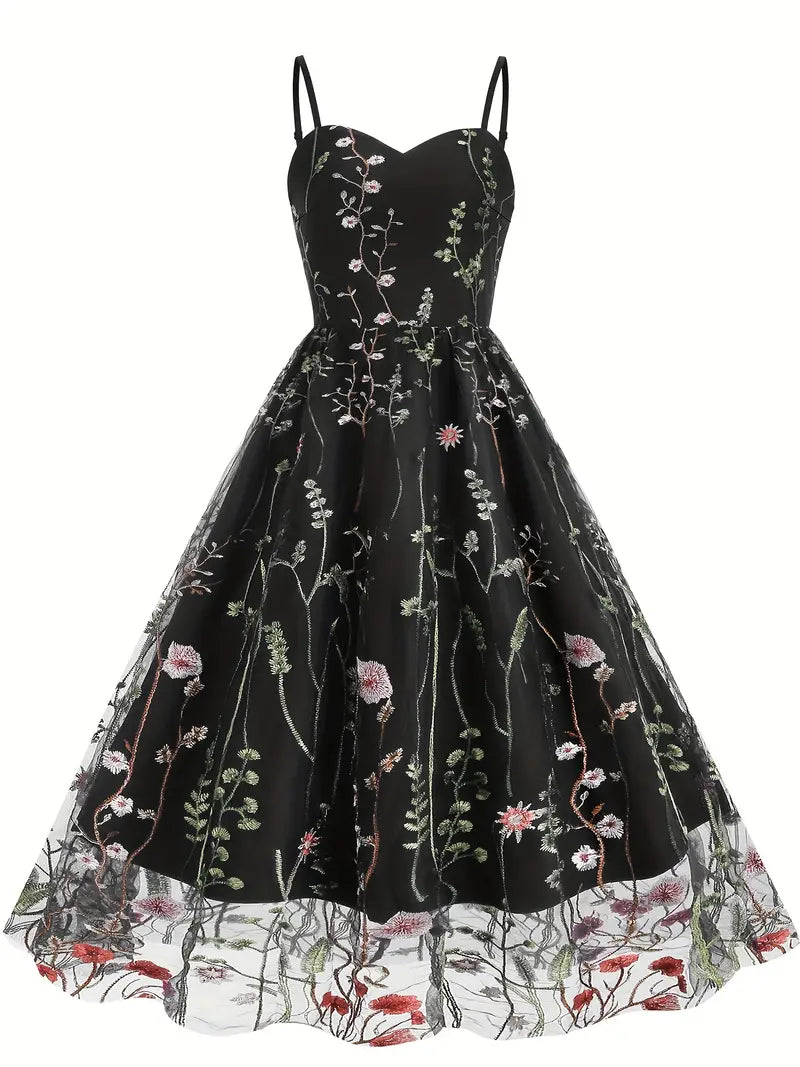 Embroidery Mesh Floral Summer A Line Party Dress Tunics Formal black
