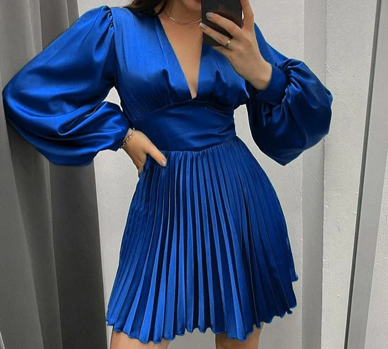 Cinessd Long Sleeve Mini Satin Dress Sexy V Neck Pleated Vestidos Women High Waist A-Line Tunics Green Blue Party Dress Tunics Cozy soft Cinessd Long Sleeve Mini Satin Dress Sexy V Neck Pleated Vestidos Women High Waist A-Line Tunics Green Blue Party Dress Tunics Cozy soft