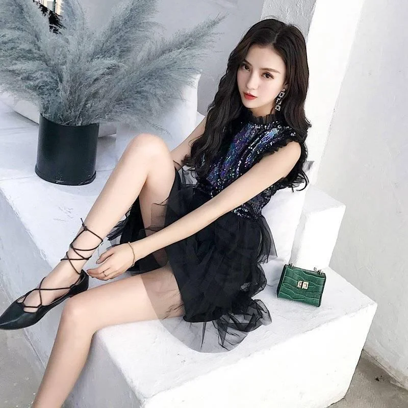 Mesh Sleeveless Sequins Party Dress Women Sequined Dress Elegant Sleeveless Layered Knee Vestidos Off-the-shoulder Bohemian Festive Mesh Sleeveless Sequins Party Dress Women Sequined Dress Elegant Sleeveless Layered Knee Vestidos Off-the-shoulder Bohemian Festive