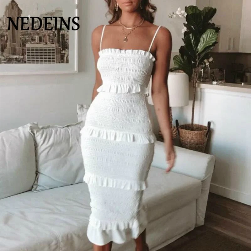 NEDEINS Summer Fashion Sling Long Dress Women 2020 Casual Party Dress Female Ruffles Vestidos Plus Size Natural Solid Dress Tunics Hiking breathable NEDEINS Summer Fashion Sling Long Dress Women 2020 Casual Party Dress Female Ruffles Vestidos Plus Size Natural Solid Dress Tunics Hiking breathable