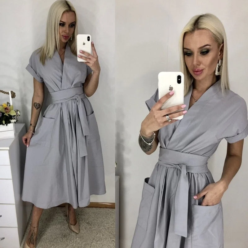 Office Lady Women Casual Sashes A-Line Dress Ladies Short Sleeve V-Neck Summer Dress 2020 Fashion Midi Party Dress Vestidos Tunics Gym athletic Office Lady Women Casual Sashes A-Line Dress Ladies Short Sleeve V-Neck Summer Dress 2020 Fashion Midi Party Dress Vestidos Tunics Gym athletic