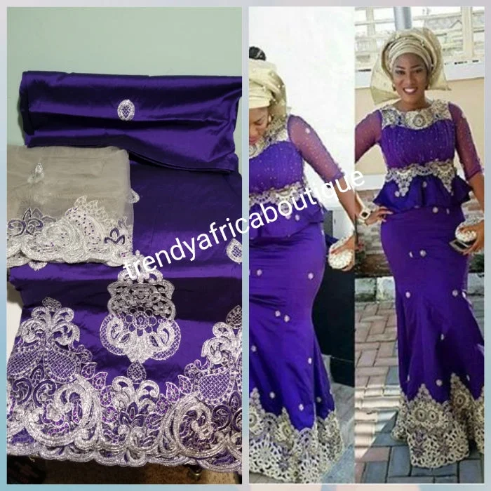 Purple/silver Embriodery Indian-George fabric for making Nigerian/African party dresses. Sold as 5yds+1.8yds matching net blouse. Top quality silk George. Contact us for Aso-ebi order. Glittery Long Formal Purple/silver Embriodery Indian-George fabric for making Nigerian/African party dresses. Sold as 5yds+1.8yds matching net blouse. Top quality silk George. Contact us for Aso-ebi order. Glittery Long Formal