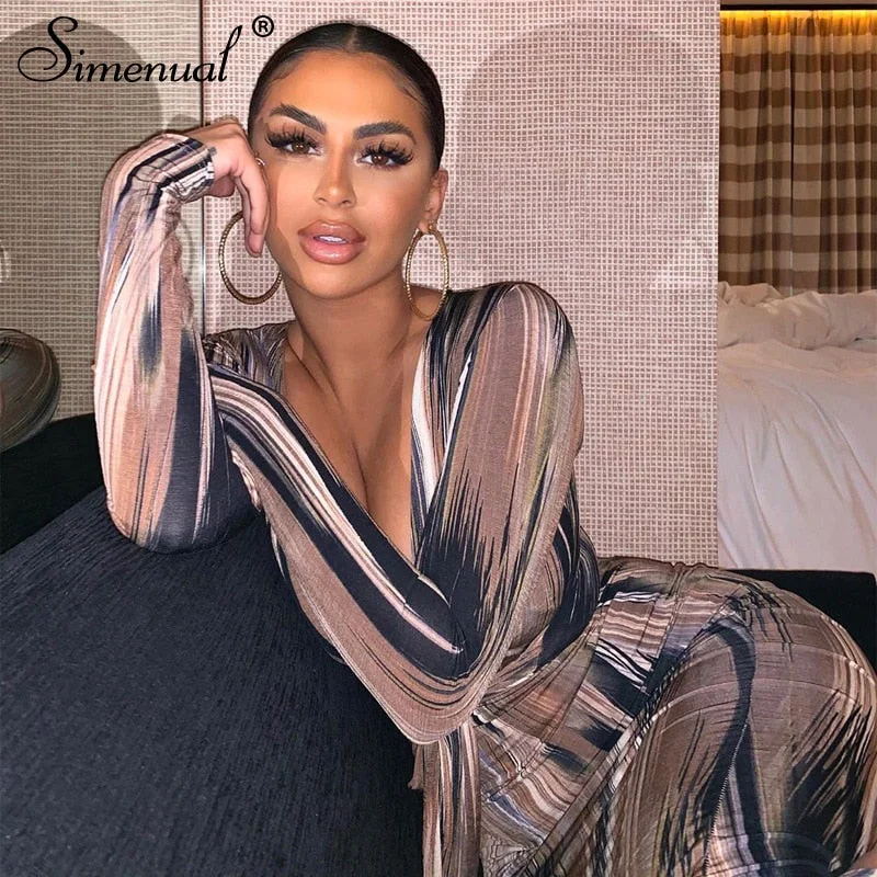 Simenual V Neck Bandage Bodycon Sexy Maxi Dresses Women Fashion Skinny Clubwear Printed Long Sleeve Party Dress Autumn 2019 Slim Tunics Distressed trendy Simenual V Neck Bandage Bodycon Sexy Maxi Dresses Women Fashion Skinny Clubwear Printed Long Sleeve Party Dress Autumn 2019 Slim Tunics Distressed trendy