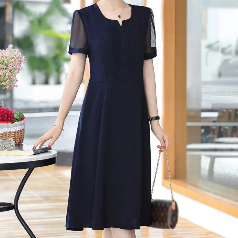 Solid Color Summer Dress Women V-neck Pocketed Short Sleeve A-line Dresses Holiday High Waist Slim Party Dress Female Tunics Mesh breathable