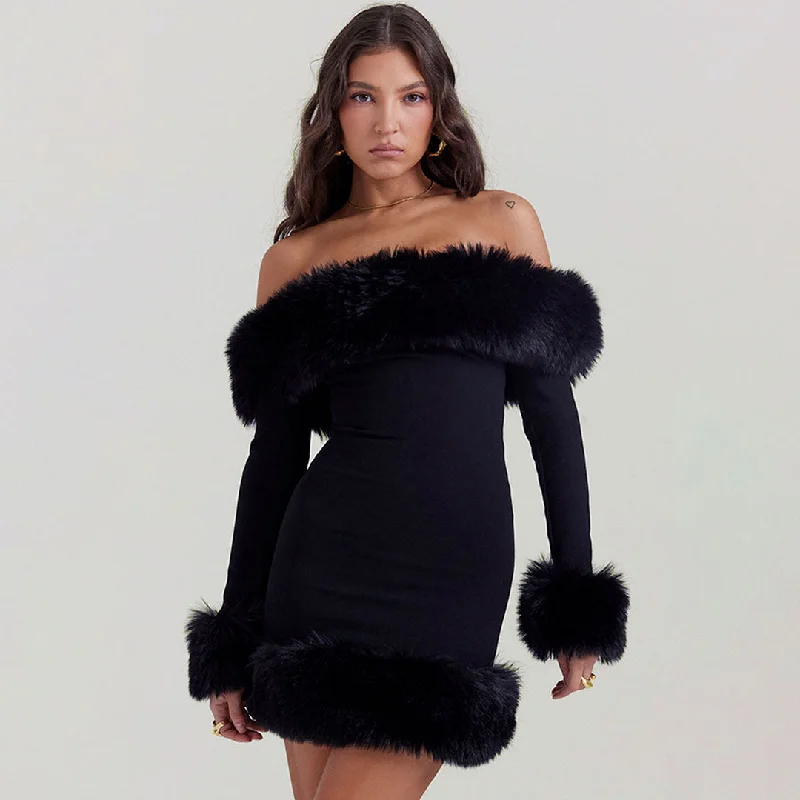 Vintage Off Shoulder Faux Fur Trim Bodycon Mini Party Dress - Black Mermaid Tail Wedding Vintage Off Shoulder Faux Fur Trim Bodycon Mini Party Dress - Black Mermaid Tail Wedding