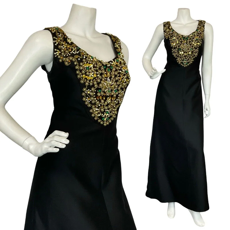 VTG 60S BLACK GOLD PEARL SEQUIN BEADED EMBELLISHED MAXI PARTY DRESS 10 Tunics Spring floral VTG 60S BLACK GOLD PEARL SEQUIN BEADED EMBELLISHED MAXI PARTY DRESS 10 Tunics Spring floral