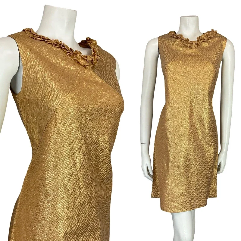 VTG 60S MOD GOLD ZIG ZAG RUFFLE NECK SLEEVELESS MINI SHIFT PARTY DRESS 10 Tunics Chinos classic VTG 60S MOD GOLD ZIG ZAG RUFFLE NECK SLEEVELESS MINI SHIFT PARTY DRESS 10 Tunics Chinos classic